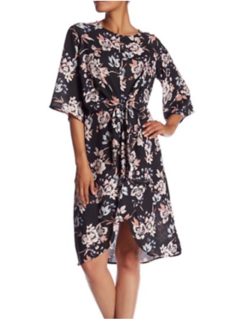 Spirit of Grace Floral Tie-Front Midi Dress in Black and Blush M